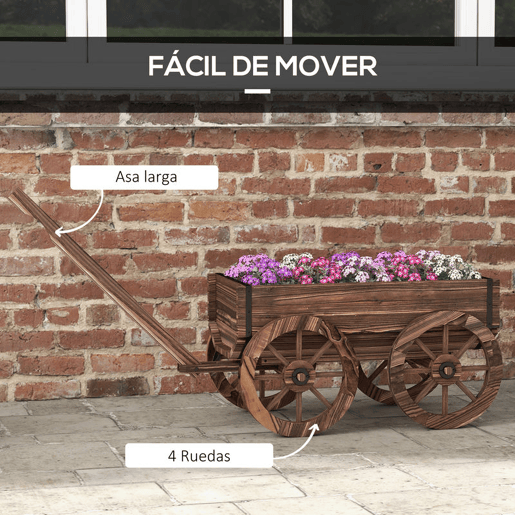 Outsunny Floreira de Madeira Floreira de Exterior em Forma de Carrinho com 4 Rodas e Asa para Varanda Jardim Pátio 120x41x54 cm Madeira