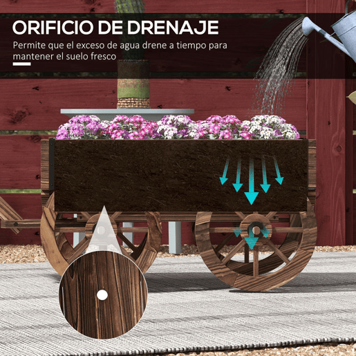 Outsunny Floreira de Madeira Floreira de Exterior em Forma de Carrinho com 4 Rodas e Asa para Varanda Jardim Pátio 120x41x54 cm Madeira