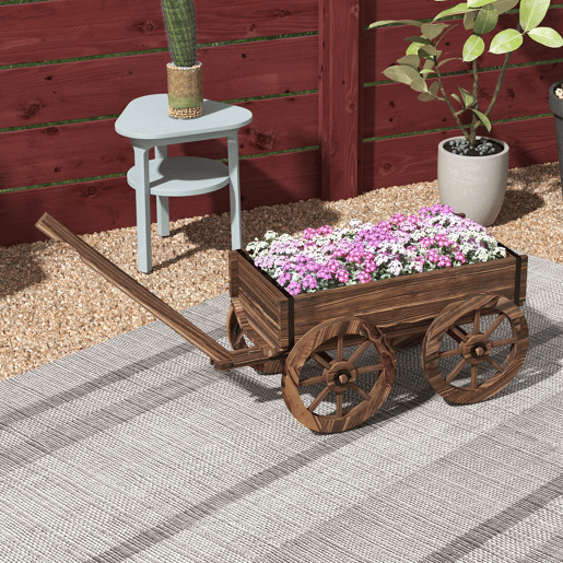 Outsunny Floreira de Madeira Floreira de Exterior em Forma de Carrinho com 4 Rodas e Asa para Varanda Jardim Pátio 120x41x54 cm Madeira
