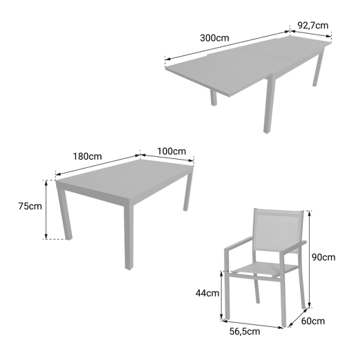 Conjunto de jardín extensible VENEZIA 180-300 en textileno gris 10 plazas - aluminio blanco