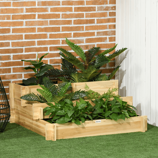 Outsunny Caixa de Plantio de Madeira de 3 Níveis Horta Vertical em Escada com Malha Geotextil para Cultivos de Plantas Flores para Jardim Terraço Exterior 93x93x35 cm Madeira