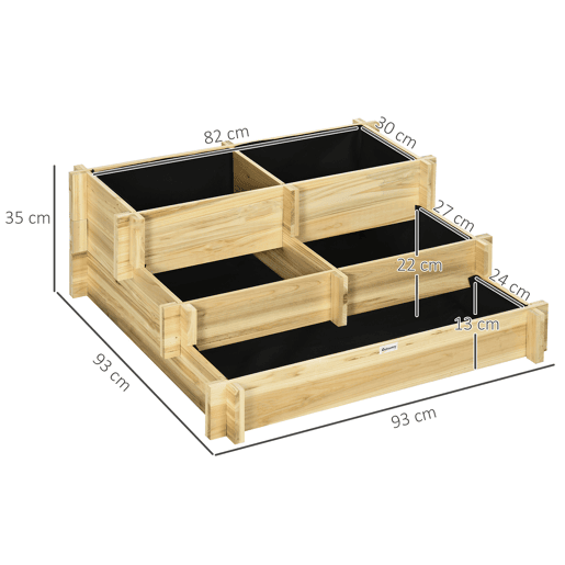 Outsunny Caixa de Plantio de Madeira de 3 Níveis Horta Vertical em Escada com Malha Geotextil para Cultivos de Plantas Flores para Jardim Terraço Exterior 93x93x35 cm Madeira