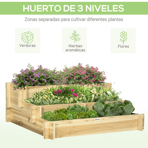 Outsunny Caixa de Plantio de Madeira de 3 Níveis Horta Vertical em Escada com Malha Geotextil para Cultivos de Plantas Flores para Jardim Terraço Exterior 93x93x35 cm Madeira