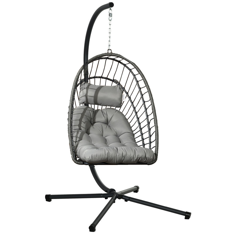 Outsunny silla colgante de ratán sillón colgante plegable con cojín reposacabezas y marco de acero carga 100 kg para interior y exterior gris oscuro