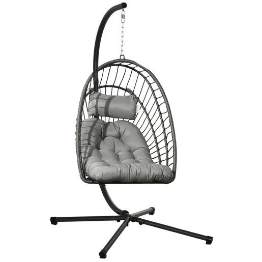 Outsunny Cadeirão Suspenso de Vime Cadeira Suspensa Dobrável com 2 Almofadas e Estrutura de Aço Capacidade 100 kg para Uso Interior e Exterior 100x131x194 cm Cinza Escuro