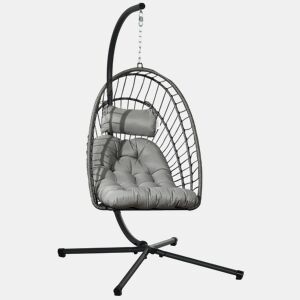 Outsunny Cadeirão Suspenso de Vime Cadeira Suspensa Dobrável com 2 Almofadas e Estrutura de Aço Capacidade 100 kg para Uso Interior e Exterior 100x131x194 cm Cinza Escuro