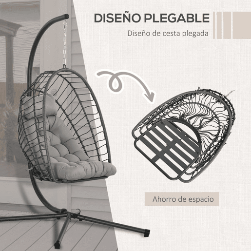 Outsunny Cadeirão Suspenso de Vime Cadeira Suspensa Dobrável com 2 Almofadas e Estrutura de Aço Capacidade 100 kg para Uso Interior e Exterior 100x131x194 cm Cinza Escuro
