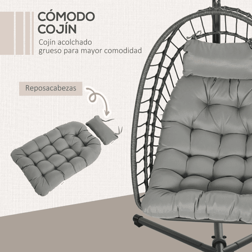 Outsunny Cadeirão Suspenso de Vime Cadeira Suspensa Dobrável com 2 Almofadas e Estrutura de Aço Capacidade 100 kg para Uso Interior e Exterior 100x131x194 cm Cinza Escuro