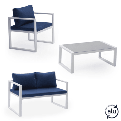 Conjunto de jardín IBIZA tela azul 4 plazas - aluminio blanco