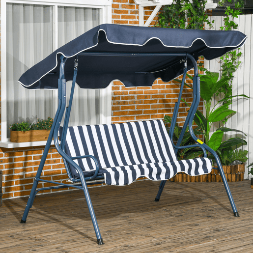 Outsunny Baloiço de Jardim 2-3 Lugares, Baloiço de Exterior com Toldo Ajustável, Impermeável e Estrutura de Aço, para Pátio, Varanda, 170x110x153 cm, Azul