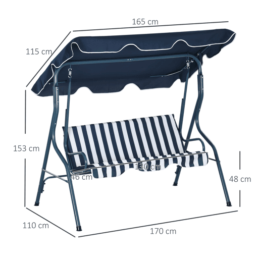 Outsunny Baloiço de Jardim 2-3 Lugares, Baloiço de Exterior com Toldo Ajustável, Impermeável e Estrutura de Aço, para Pátio, Varanda, 170x110x153 cm, Azul