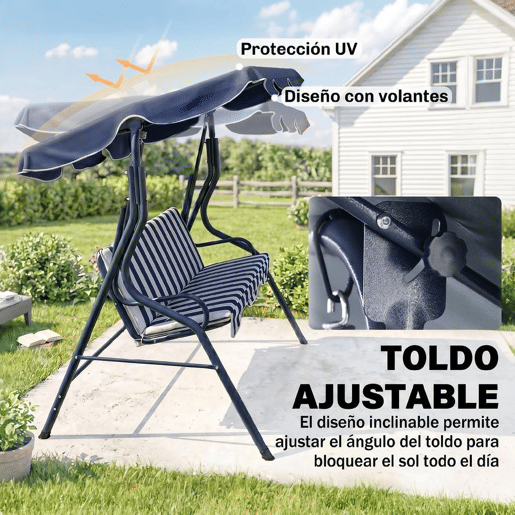 Outsunny Baloiço de Jardim 2-3 Lugares, Baloiço de Exterior com Toldo Ajustável, Impermeável e Estrutura de Aço, para Pátio, Varanda, 170x110x153 cm, Azul
