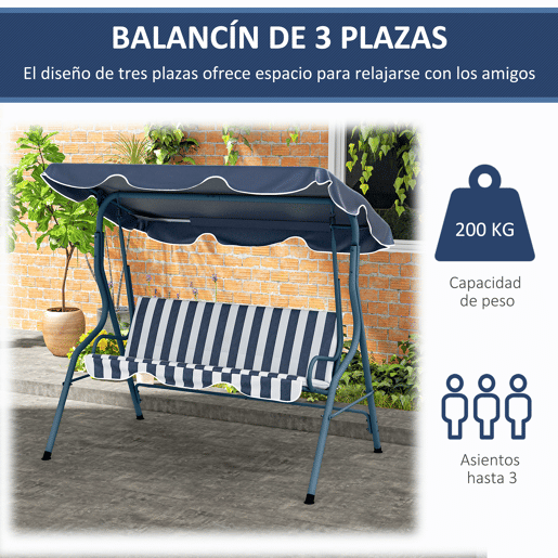 Outsunny Baloiço de Jardim 2-3 Lugares, Baloiço de Exterior com Toldo Ajustável, Impermeável e Estrutura de Aço, para Pátio, Varanda, 170x110x153 cm, Azul