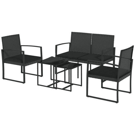 Outsunny Conjunto de Móveis de Jardim de Vime Sintético Conjunto de Móveis de Exterior de 5 Peças com 2 Poltronas Individuais 1 Sofá Duplo e 2 Mesas de Centro para Pátio Varanda Preto