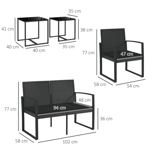 Outsunny Conjunto de Móveis de Jardim de Vime Sintético Conjunto de Móveis de Exterior de 5 Peças com 2 Poltronas Individuais 1 Sofá Duplo e 2 Mesas de Centro para Pátio Varanda Preto