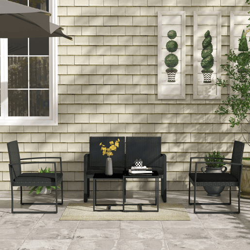 Outsunny Conjunto de Móveis de Jardim de Vime Sintético Conjunto de Móveis de Exterior de 5 Peças com 2 Poltronas Individuais 1 Sofá Duplo e 2 Mesas de Centro para Pátio Varanda Preto