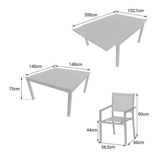 Conjunto de jardín extensible VENEZIA 140-200 en textileno gris 10 plazas - aluminio blanco