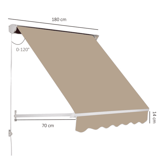 Outsunny Toldo Manual de Alumínio Retrátil Toldo de Fachada para Exterior com Ângulo Ajustável Impermeável e Tecido de Poliéster 180x70 cm Bege
