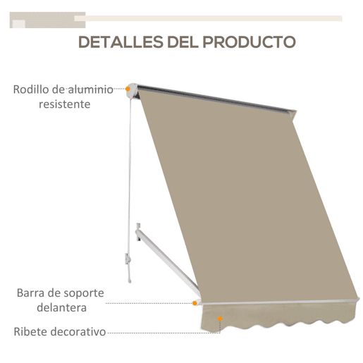 Outsunny Toldo Manual de Alumínio Retrátil Toldo de Fachada para Exterior com Ângulo Ajustável Impermeável e Tecido de Poliéster 180x70 cm Bege