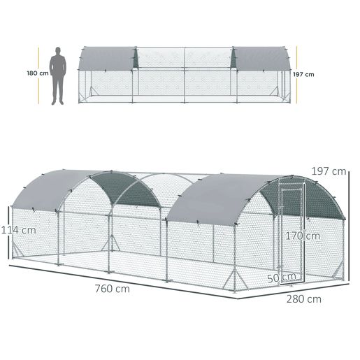 PawHut Galinheiro para Exterior Grande 2,8x7,60x1,97 m Galinheiro para 16-24 Galinhas de Aço Galvanizado com Teto de Tecido Oxford para Coelhos Aves Prata