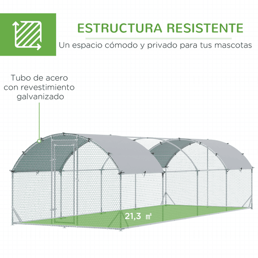 PawHut Galinheiro para Exterior Grande 2,8x7,60x1,97 m Galinheiro para 16-24 Galinhas de Aço Galvanizado com Teto de Tecido Oxford para Coelhos Aves Prata