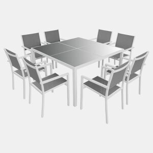 Conjunto de jardín CAGLIARI 8 plazas en textileno gris - aluminio blanco