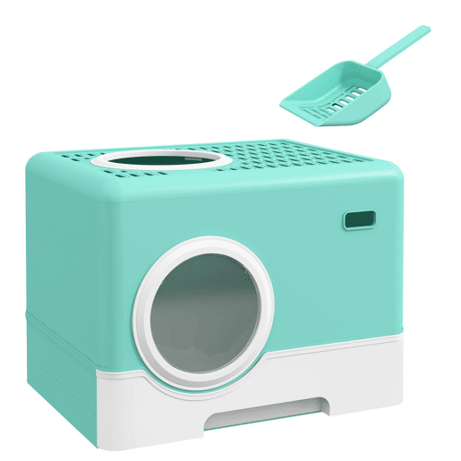 PawHut Caixa de Areia Coberta para Gatos, WC para Gatos com Tabuleiro Removível, Entrada Frontal e Saída Superior, Pá Incluída, Fácil de Limpar, Antiderrame, Verde