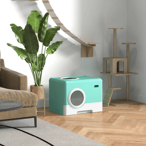 PawHut Caixa de Areia Coberta para Gatos, WC para Gatos com Tabuleiro Removível, Entrada Frontal e Saída Superior, Pá Incluída, Fácil de Limpar, Antiderrame, Verde