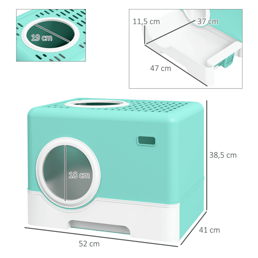 PawHut Caixa de Areia Coberta para Gatos, WC para Gatos com Tabuleiro Removível, Entrada Frontal e Saída Superior, Pá Incluída, Fácil de Limpar, Antiderrame, Verde