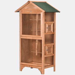 PawHut Gaiola para Pássaros Gaiola para Pássaros de Madeira com 3 Portas 4 Poleiros Bandeja Amovível e Teto Asfáltico 80,5x57x153 cm Natural