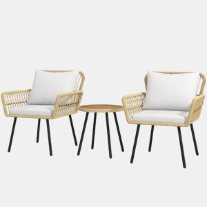 Outsunny Conjunto de Mesa e Poltronas para Jardim Exterior Jogo de 3 Peças de Vime com 2 Poltronas 1 Mesa de Centro Redonda e Almofadas para Terraço Varanda Natural