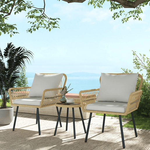 Outsunny Conjunto de Mesa e Poltronas para Jardim Exterior Jogo de 3 Peças de Vime com 2 Poltronas 1 Mesa de Centro Redonda e Almofadas para Terraço Varanda Natural