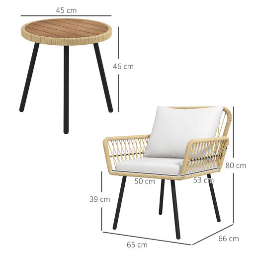 Outsunny Conjunto de Mesa e Poltronas para Jardim Exterior Jogo de 3 Peças de Vime com 2 Poltronas 1 Mesa de Centro Redonda e Almofadas para Terraço Varanda Natural
