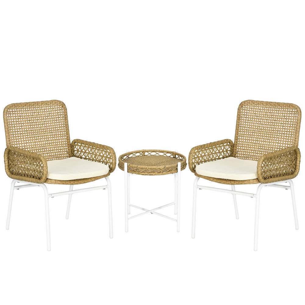 Outsunny conjunto de muebles de jardín juego de 3 piezas sillas y mesa de ratán con 2 sillas 1 mesa de centro y cojines para terraza patio natural