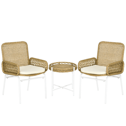Outsunny Conjunto de Mesa e Cadeiras para Exterior Conjunto de 3 Peças Inclui 2 Cadeiras e 1 Mesa de Centro de Vime com Almofadas para Terraço Pátio Natural