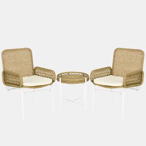 Outsunny Conjunto de Mesa e Cadeiras para Exterior Conjunto de 3 Peças Inclui 2 Cadeiras e 1 Mesa de Centro de Vime com Almofadas para Terraço Pátio Natural
