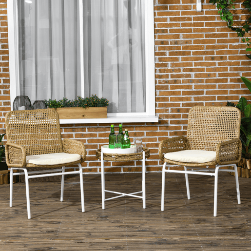 Outsunny Conjunto de Mesa e Cadeiras para Exterior Conjunto de 3 Peças Inclui 2 Cadeiras e 1 Mesa de Centro de Vime com Almofadas para Terraço Pátio Natural