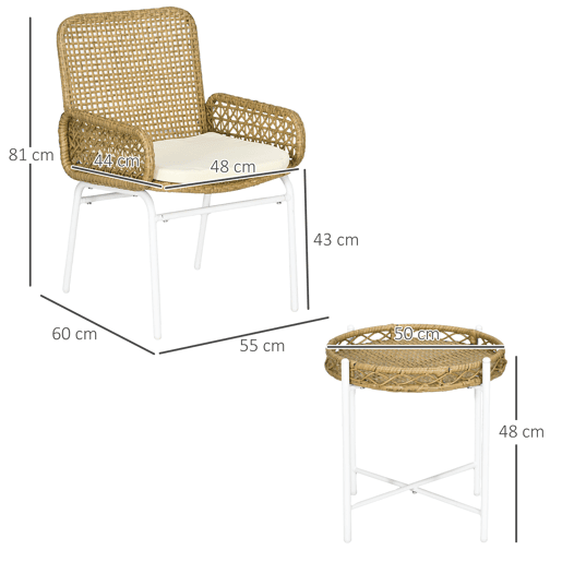 Outsunny Conjunto de Mesa e Cadeiras para Exterior Conjunto de 3 Peças Inclui 2 Cadeiras e 1 Mesa de Centro de Vime com Almofadas para Terraço Pátio Natural