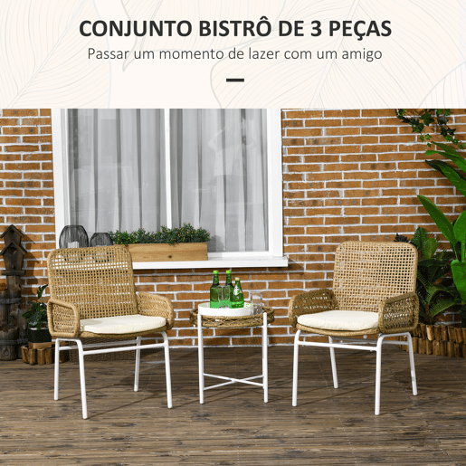Outsunny Conjunto de Mesa e Cadeiras para Exterior Conjunto de 3 Peças Inclui 2 Cadeiras e 1 Mesa de Centro de Vime com Almofadas para Terraço Pátio Natural