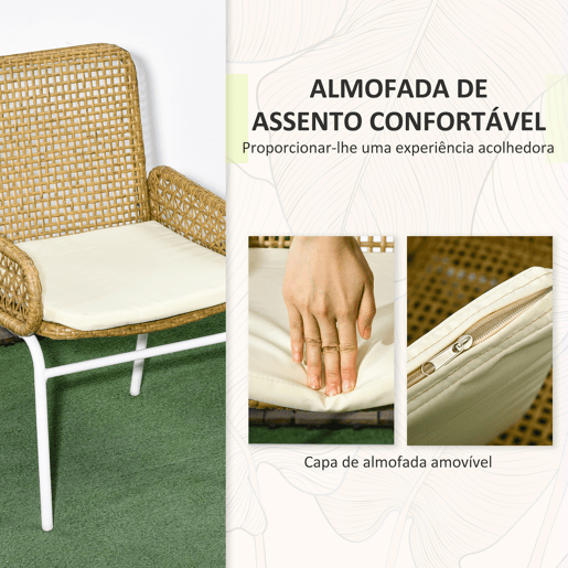 Outsunny Conjunto de Mesa e Cadeiras para Exterior Conjunto de 3 Peças Inclui 2 Cadeiras e 1 Mesa de Centro de Vime com Almofadas para Terraço Pátio Natural