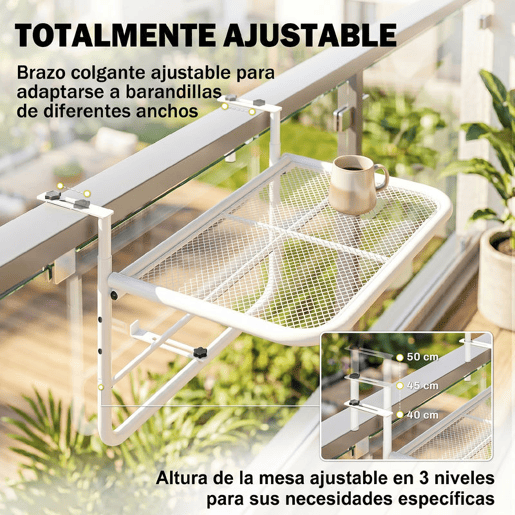 Outsunny Mesa Suspensa para Varanda com Braço Regulável e Altura Ajustável em 3 Posições Estrutura de Metal Carga Máxima 30 kg 60x56,5x45 cm Branco