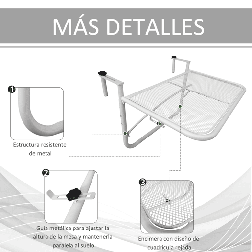 Outsunny Mesa Suspensa para Varanda com Braço Regulável e Altura Ajustável em 3 Posições Estrutura de Metal Carga Máxima 30 kg 60x56,5x45 cm Branco
