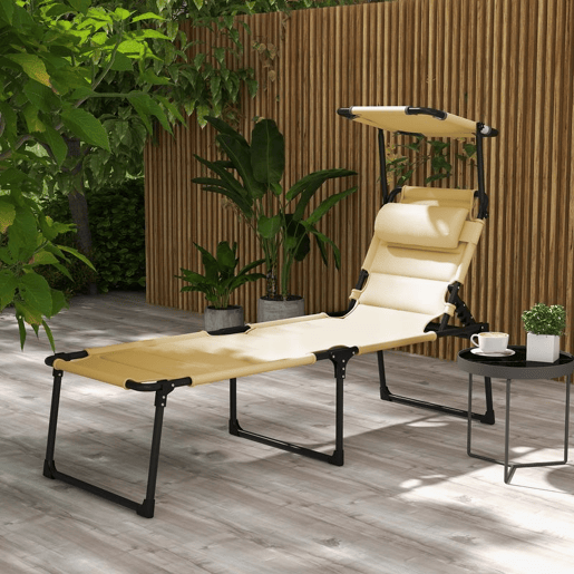 Outsunny Espreguiçadeira Dobrável, Espreguiçadeira Exterior com Toldo Ajustável, Encosto Regulável em 4 Níveis, Almofada de Cabeça, Almofada Extra Grossa, para Terraço e Piscina, 70x200x45 cm, Creme