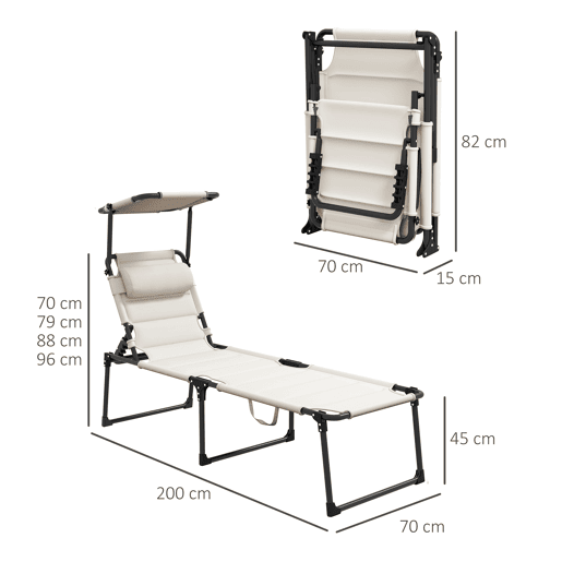 Outsunny Espreguiçadeira Dobrável, Espreguiçadeira Exterior com Toldo Ajustável, Encosto Regulável em 4 Níveis, Almofada de Cabeça, Almofada Extra Grossa, para Terraço e Piscina, 70x200x45 cm, Creme