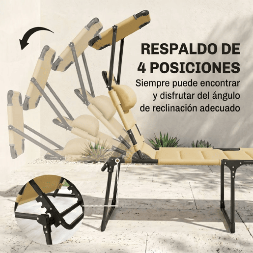 Outsunny Espreguiçadeira Dobrável, Espreguiçadeira Exterior com Toldo Ajustável, Encosto Regulável em 4 Níveis, Almofada de Cabeça, Almofada Extra Grossa, para Terraço e Piscina, 70x200x45 cm, Creme