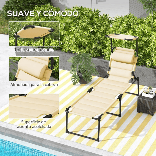 Outsunny Espreguiçadeira Dobrável, Espreguiçadeira Exterior com Toldo Ajustável, Encosto Regulável em 4 Níveis, Almofada de Cabeça, Almofada Extra Grossa, para Terraço e Piscina, 70x200x45 cm, Creme