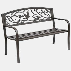 Outsunny Banco de Jardim de Aço Banco de Exterior com Apoio para os Braços e Encosto Decorativo Carga Máxima 240 kg para Pátio Varanda 127x60x85 cm Marrom Escuro