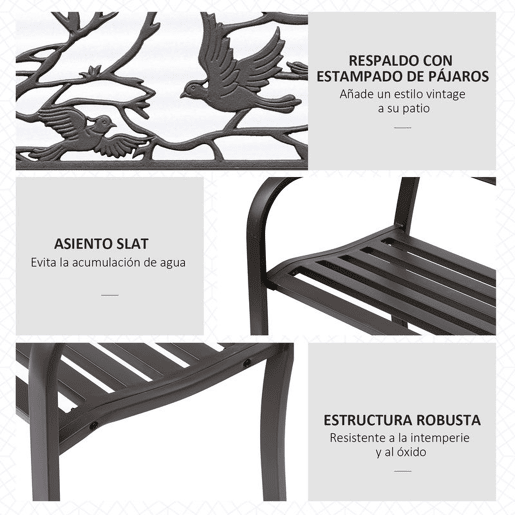Outsunny Banco de Jardim de Aço Banco de Exterior com Apoio para os Braços e Encosto Decorativo Carga Máxima 240 kg para Pátio Varanda 127x60x85 cm Marrom Escuro