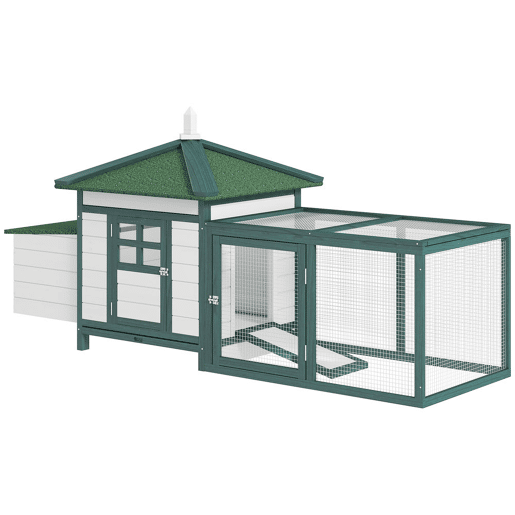PawHut Galinheiro de Madeira para Exterior, Abrigo para Galinhas com Ninhos, Corral, Teto Asfáltico Impermeável, Bandeja Removível, Tampa Articulada, 196x76x97 cm, Verde