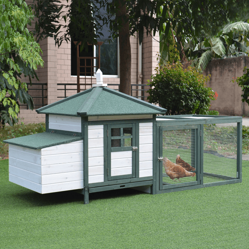 PawHut Galinheiro de Madeira para Exterior, Abrigo para Galinhas com Ninhos, Corral, Teto Asfáltico Impermeável, Bandeja Removível, Tampa Articulada, 196x76x97 cm, Verde